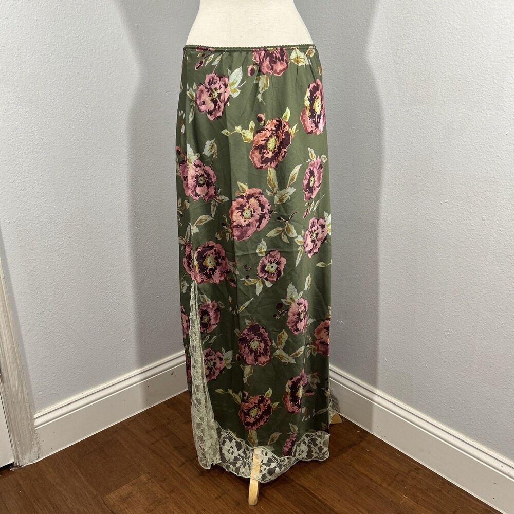 Reclaimed Vintage Midi Skirt Women 6‎ Green Floral Satin Lace Trim Fairycore Y2K